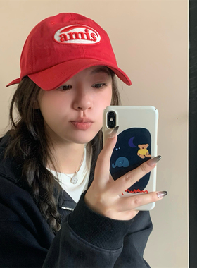 吸晴指南~显白红色棒球帽子女韩版ins百搭休闲软顶鸭舌帽显脸小潮