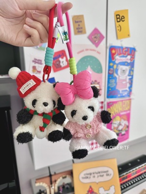 车载小熊猫后视镜挂件钥匙链装饰玩偶卡通女生车内用品新年礼物