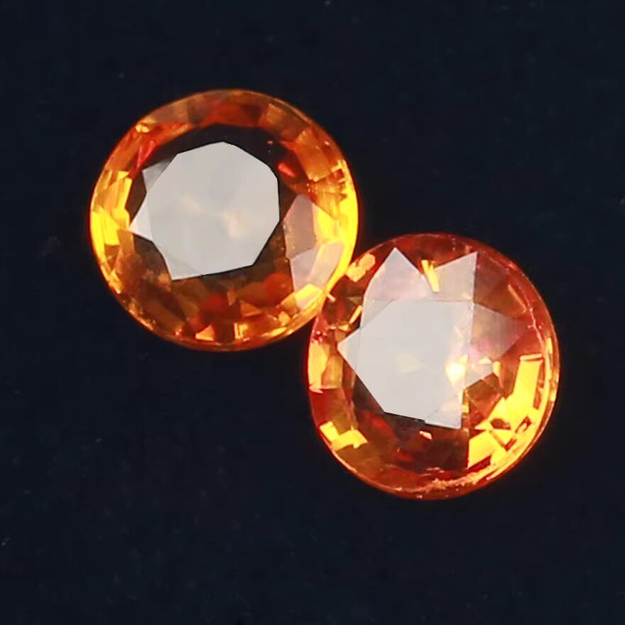 1.23ct【NGTC】正圆钻形橙黄色天然蓝宝石戒面裸石耳坠吊坠面一对