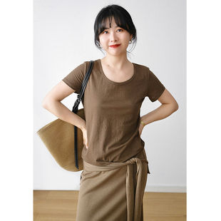 三良晨晨 凉感慵懒大U领天丝亚麻短袖T恤女收腰夏速干运动薄上衣