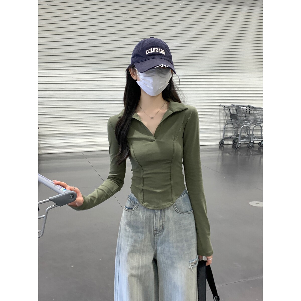 韩感休闲军绿色早秋修身气质polo领鱼骨显瘦荃棉长袖T恤上衣女