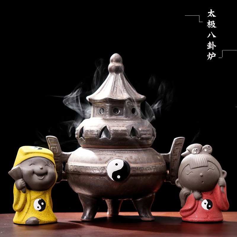 道家香炉陶瓷炉太极老君八卦炉小道士玩偶手办烟供香粉盘香炉摆件