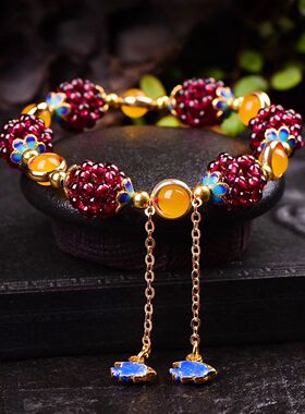 天然石榴石手工编织小球手链女款时尚原创个性手串配黄绿粉紫玉髓