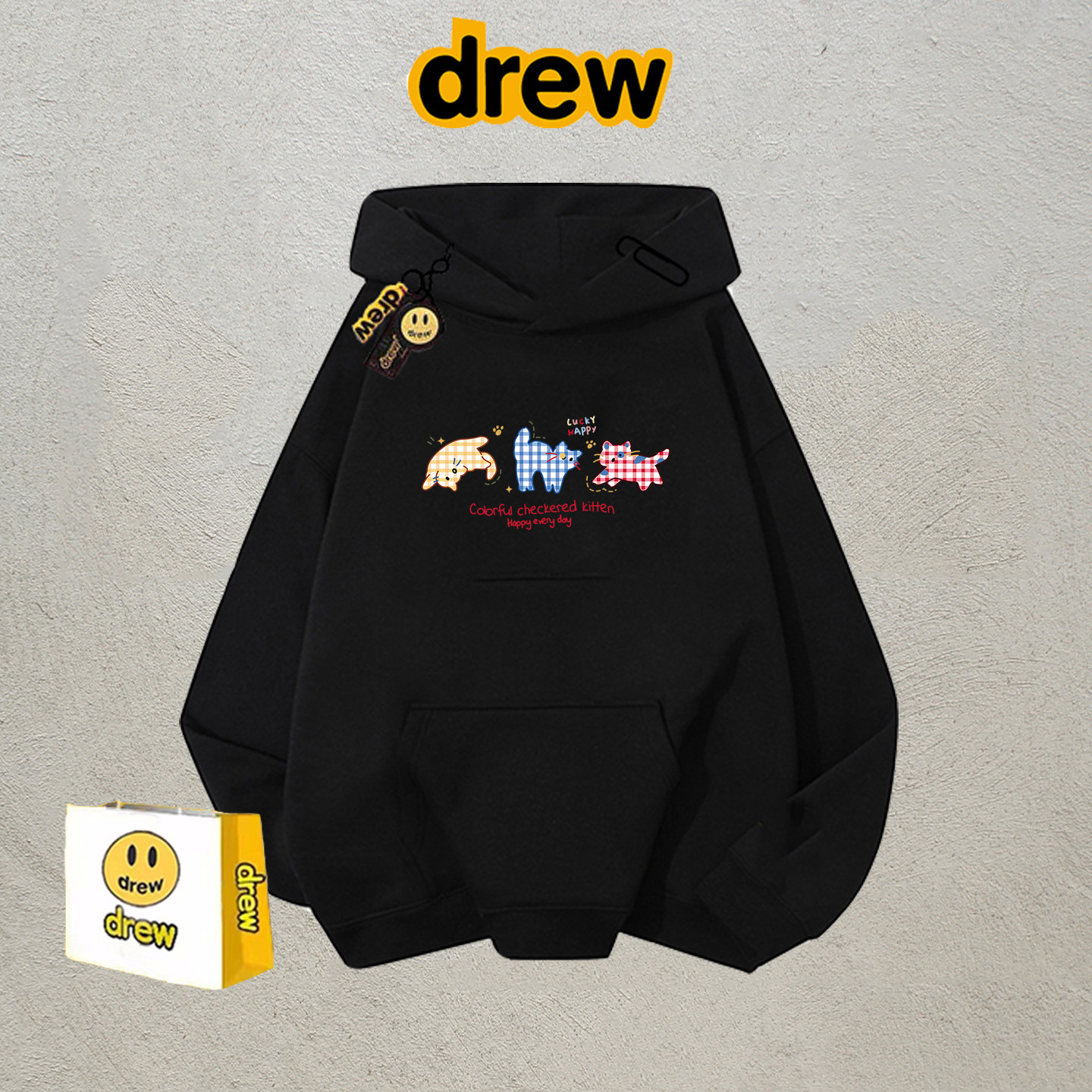 drew美式趣味卡通印花连帽卫衣男女外套秋冬纯棉宽松ins情侣上衣