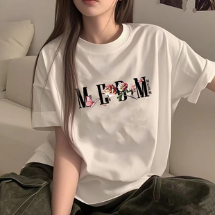 MEDM BNOB王鹤棣同款国潮玫瑰花印花短袖t恤男女纯棉情侣百搭半袖