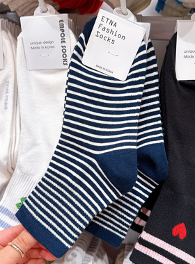 ETNA韩国东大门代购袜子女条纹吸汗棉袜长袜百搭藏蓝色休闲中筒袜