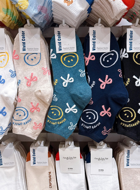 韩国进口袜子女vivid color秋冬季新款蝴蝶结棉袜吸汗笑脸中筒袜