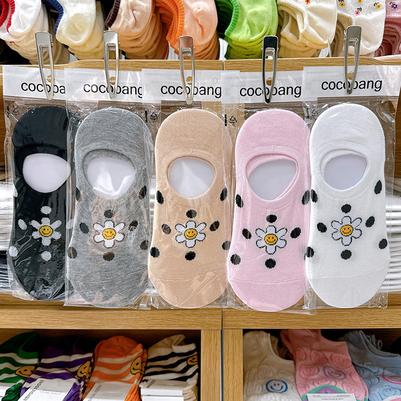 韩国进口女士船袜cocopang春夏季薄款花朵笑脸棉袜防掉跟隐形短袜