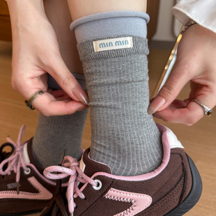 起步韩袜~韩版ins潮袜子秋冬季新款卷边撞色布标棉长袜字母中筒袜