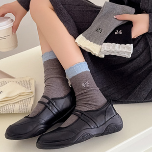 【起步韩袜】2025秋冬新款韩版ins风双针棉拼色长袜蝴蝶结中筒袜