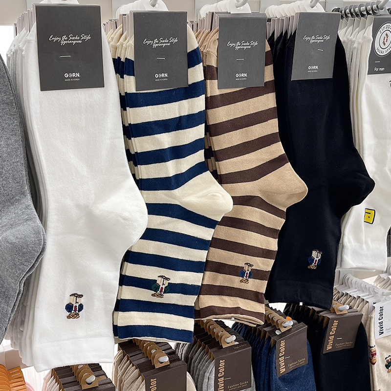 韩国休闲小熊男条纹中筒袜东大门
