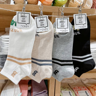韩国袜子男士 COZY字母双杠条纹字母运动棉袜吸汗短筒袜 进口春夏季