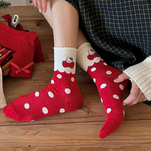 【起步韩袜】本命年红色袜子女中筒袜可爱卡通凯蒂猫秋冬吸汗棉袜