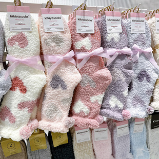 秋冬新款爱心长筒女袜子韩国东大门kikiya保暖爱心珊瑚绒月子中筒