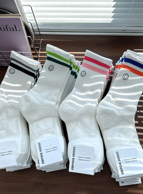 EMPOLE韩国东大门袜子女春夏四季吸汗棉袜白色运动笑脸条纹中筒袜