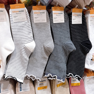 kikiyasocks韩国东大门进口袜子女春秋条纹木耳边不勒棉中长筒袜