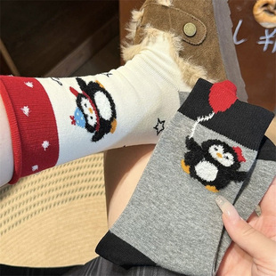 起步韩袜~卡通袜子女中筒袜企鹅可爱吸汗棉袜韩系秋冬无骨黑白袜