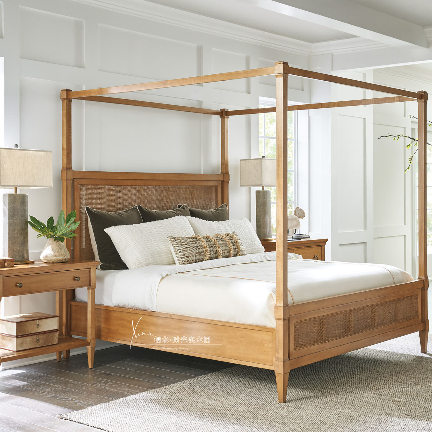 美式乡村实木藤编床主卧家用中古风复古架子床民宿简约双人床