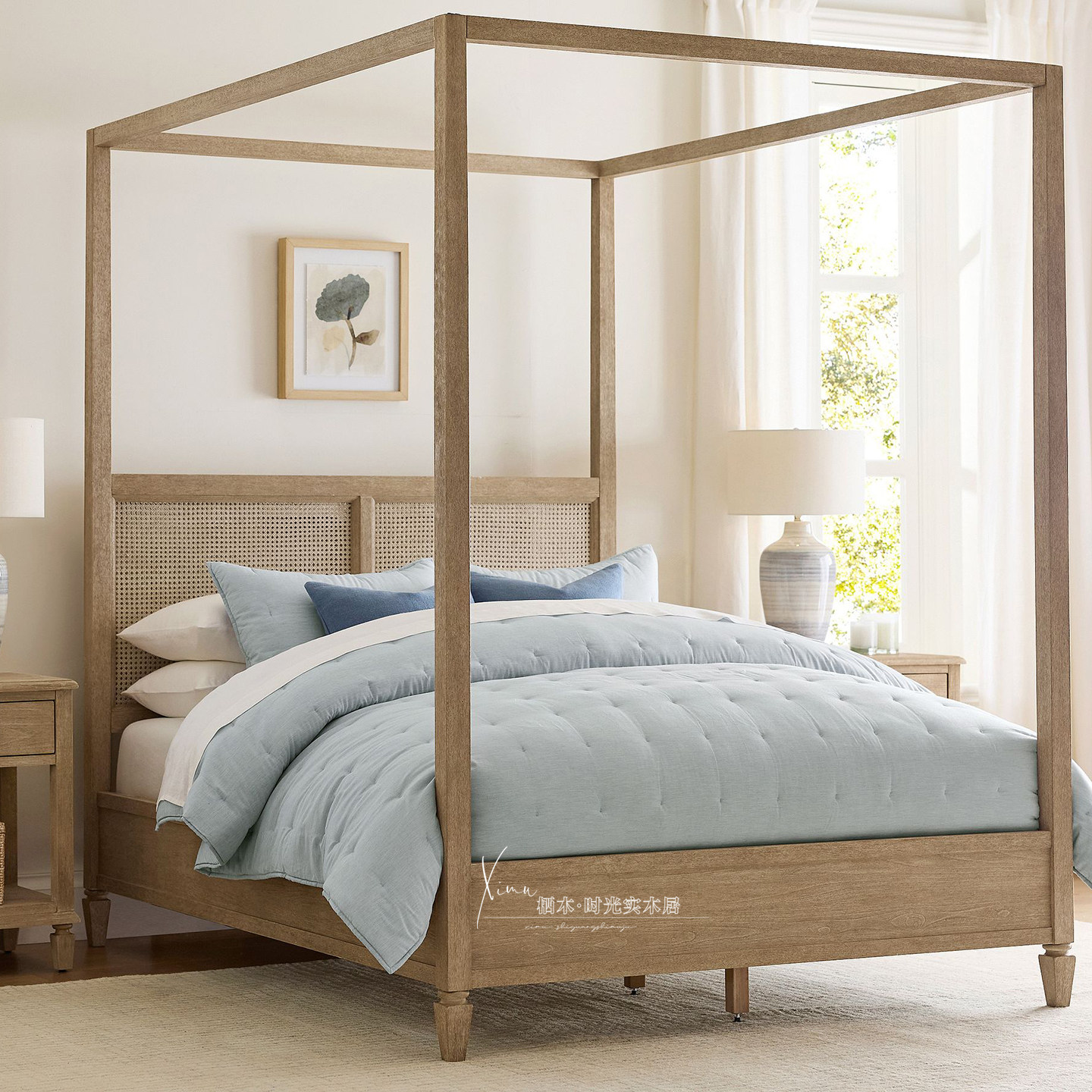 美式乡村实木四柱床双人床卧室原木简约北欧风架子床藤编床头