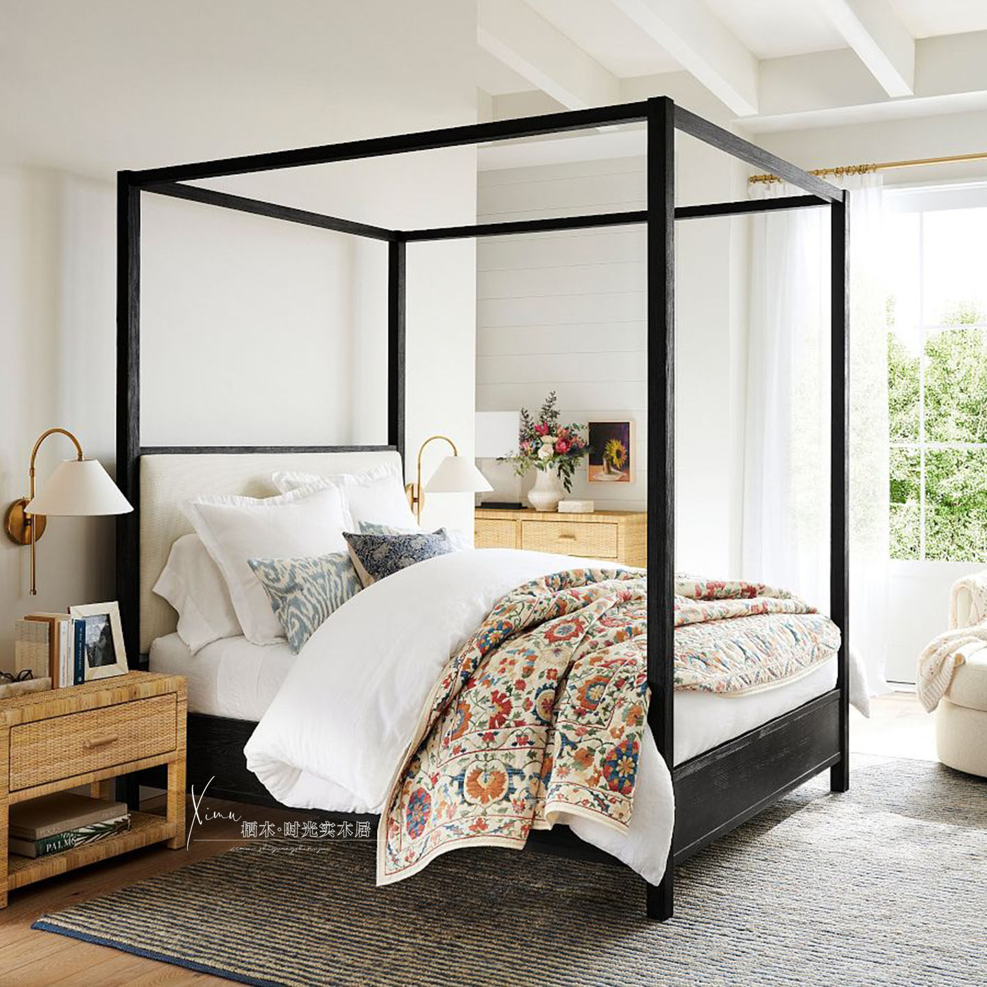 美式乡村实木床卧室家用中古风复古双人架子床主卧北欧简约四柱床