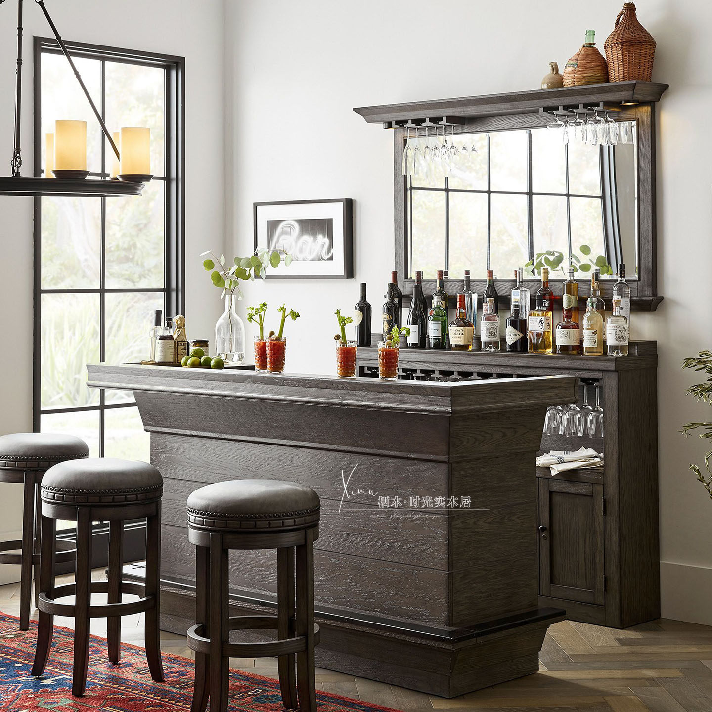 美式乡村实木吧台客厅中古风复古酒柜隔断柜诧寂风轻奢储物中岛台
