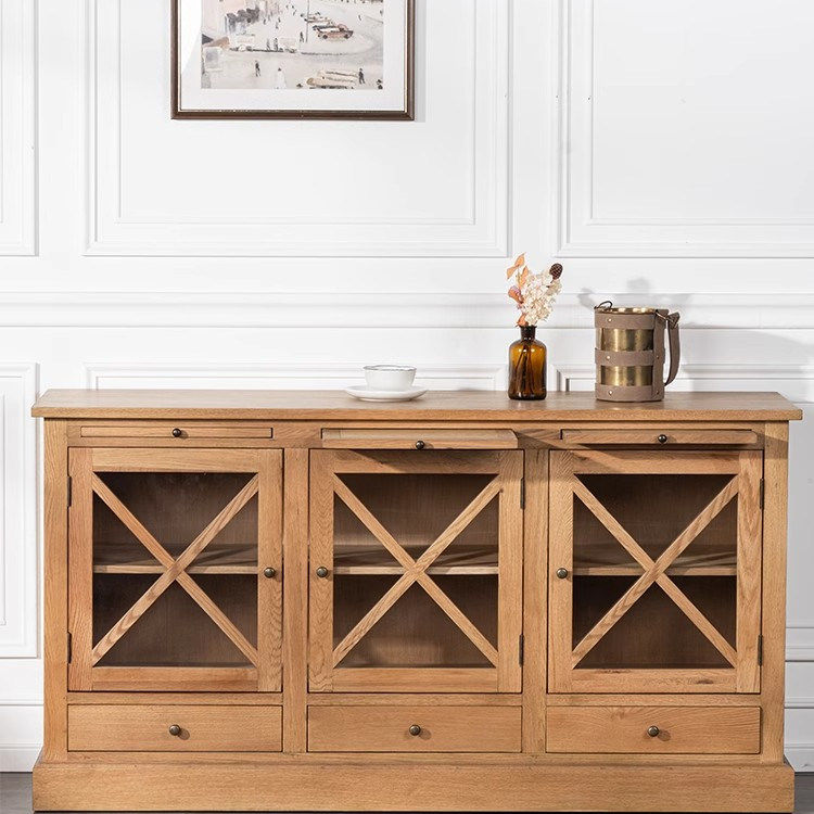 法式乡村仿古家具橡木做旧餐边柜储物柜美式复古实木酒柜玄关边柜