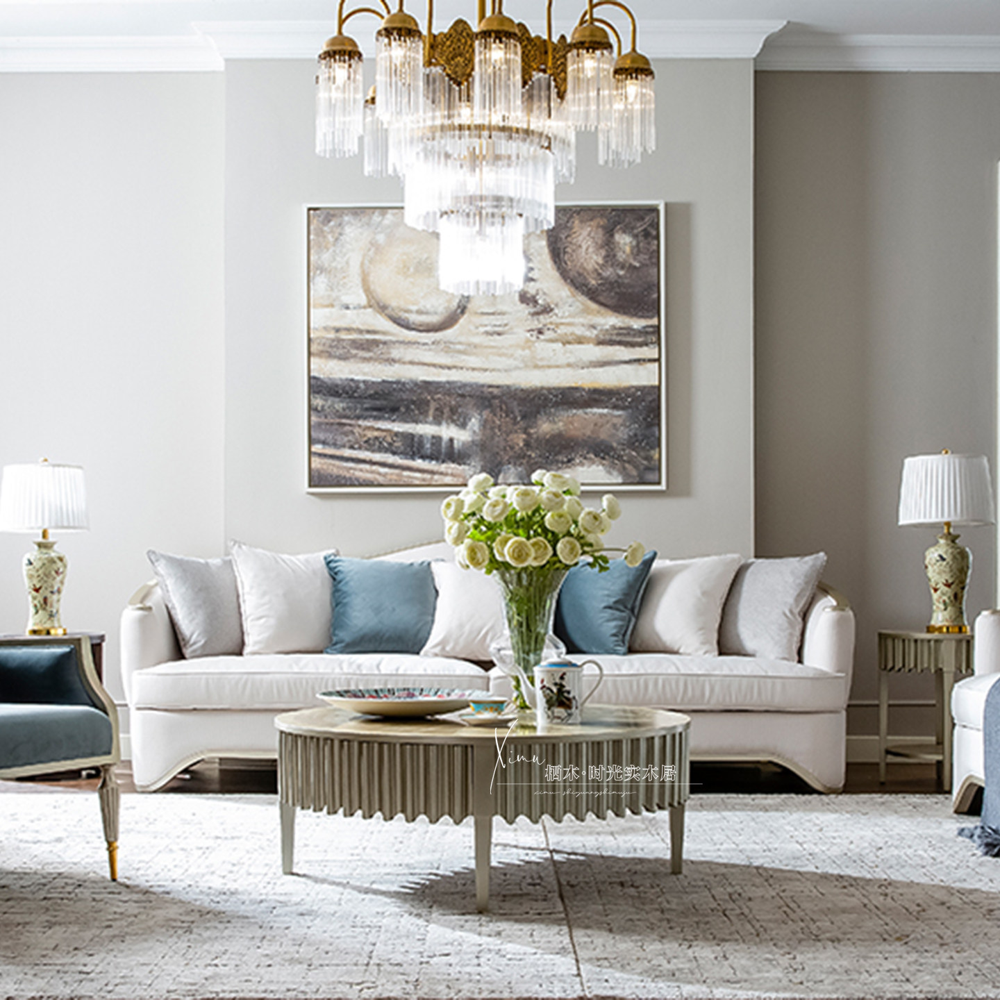 美式乡村布艺三人沙发现代简约软包沙发简约轻奢别墅客厅组合沙发