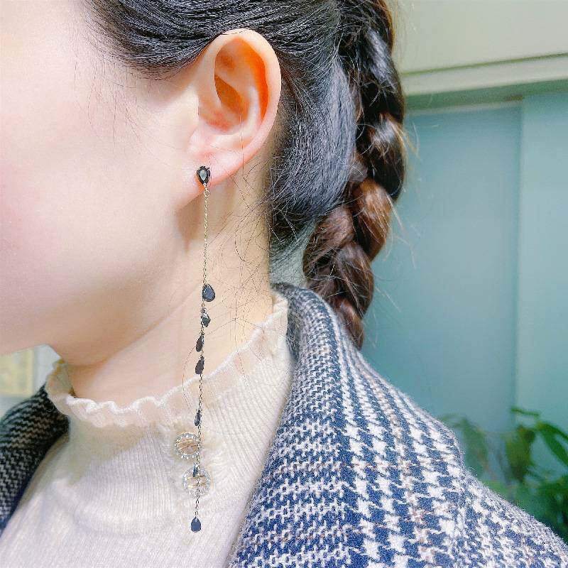 水滴黑锆白锆DIY原创设计女生气质流苏长款耳环镀真金加电泳耳钉