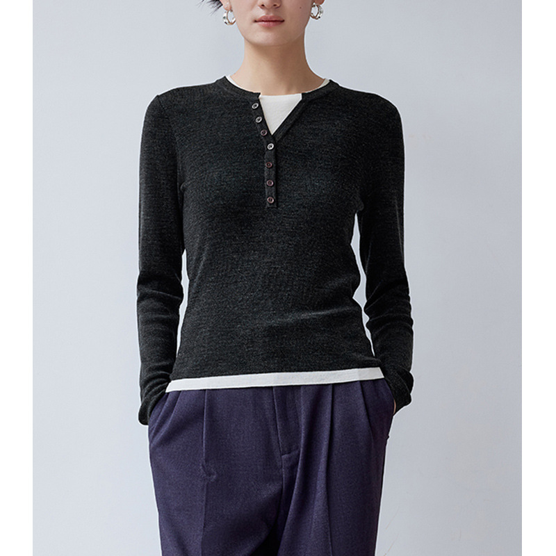 【欧*定单】2025年秋季新款假两件撞色针织衫女显瘦长袖绵羊毛衫