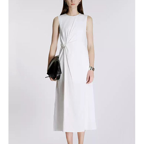 【MO定单】2025夏季新款高级简约无袖纽结白色连衣裙女气质背心裙