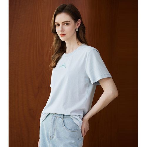 设计感海豚图案圆领短袖T桖女2025夏季新款简约气质通勤显瘦上衣