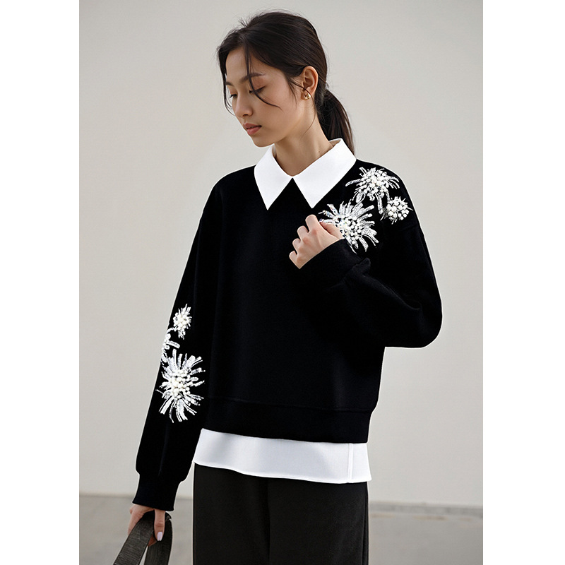 设计感亮片钉珠花朵卫衣女2025年秋冬新款假两件翻领长袖时尚上衣