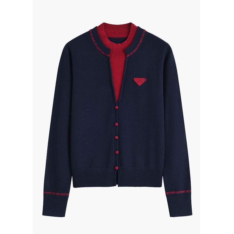 假两件圆领长袖拼色针织衫女2025秋冬新款小个子气质百搭羊毛上衣