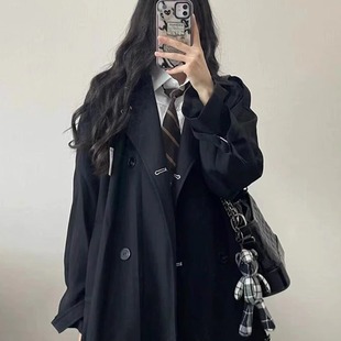 高級感中長款 日系黑色風(fēng)衣外套女2025春秋新款 小個子加厚大衣赫本