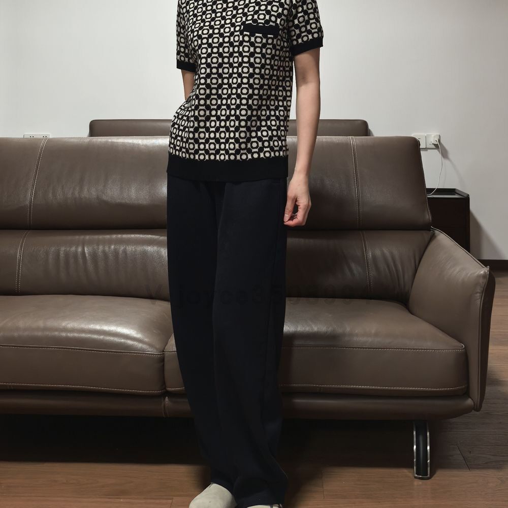 极简风几何图案短袖针织衫女黑色圆点百搭显瘦上衣