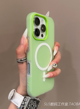 绿色磁吸充电适用iPhone15苹果16pro手机壳max糖果色14plus半透明雾面13磨砂12二合一17promax硅胶软全包防摔
