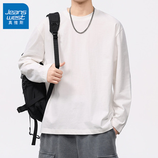 真维斯男士春季新款纯色纯棉圆领潮流宽松百搭长袖T恤休闲男上衣