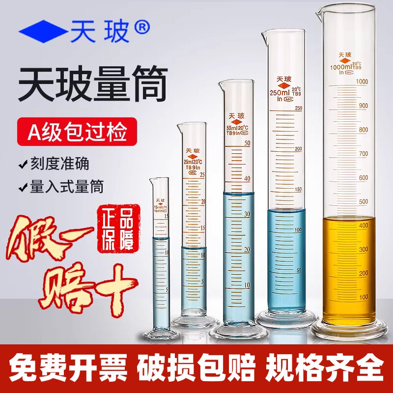 天玻A级过检玻璃量筒50/100/250/500/1000ml带刻度量入式直型量筒图片