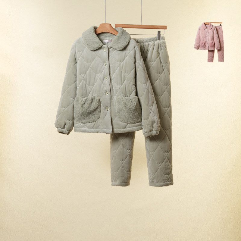 曼诺曼蒂克正品冬季夹棉袄水貂绒睡衣纯色加厚保暖女家居服套装