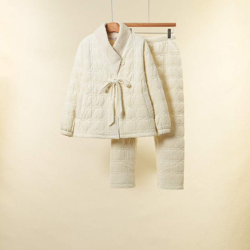 曼诺曼蒂克正品冬季夹棉袄水貂绒系带睡衣V领保暖女家居服套装
