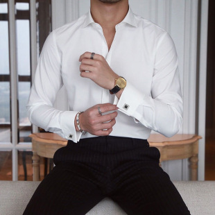 男士法式袖扣长袖衬衫免烫商务修身英伦绅士结婚衬衣休闲寸衫正装