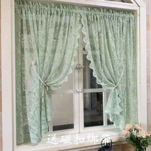 魔术贴飘窗隔断帘厨房 欧式 法式 蕾丝珍珠窗帘窗纱帘韩式 免打孔安装
