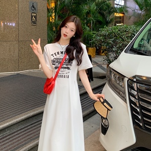 RM10074#大码女装2023夏收腰显瘦美式气质复古印花T恤显瘦连衣裙