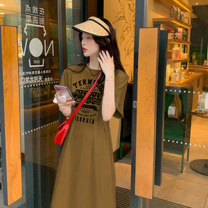 RM10074#大码女装2023夏收腰显瘦美式气质复古印花T恤显瘦连衣裙