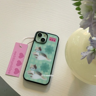 韩系ins清新绿格纹四叶草小猫适用iphone17Pro/17promax保护壳苹果16手机壳16promax保护套15防摔13/14壳air