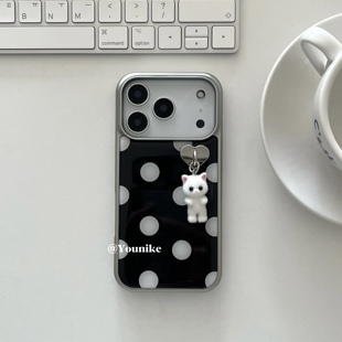 韩系ins风复古波点元素猫咪吊坠适用iphone17air/17promax保护壳苹果16手机壳16promax保护套15防摔13/14外壳