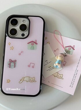 韩系甜美粉嫩小猫插画手机壳ins