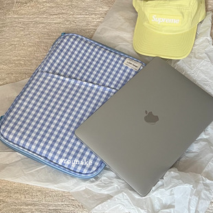 韩国ins小众设计蓝色格子手拿笔记本电脑包13 11寸ipad平板保护套