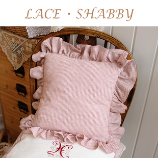 LACESHABBY新款 复古乡村风红格子棉麻荷叶边抱枕靠垫 法式