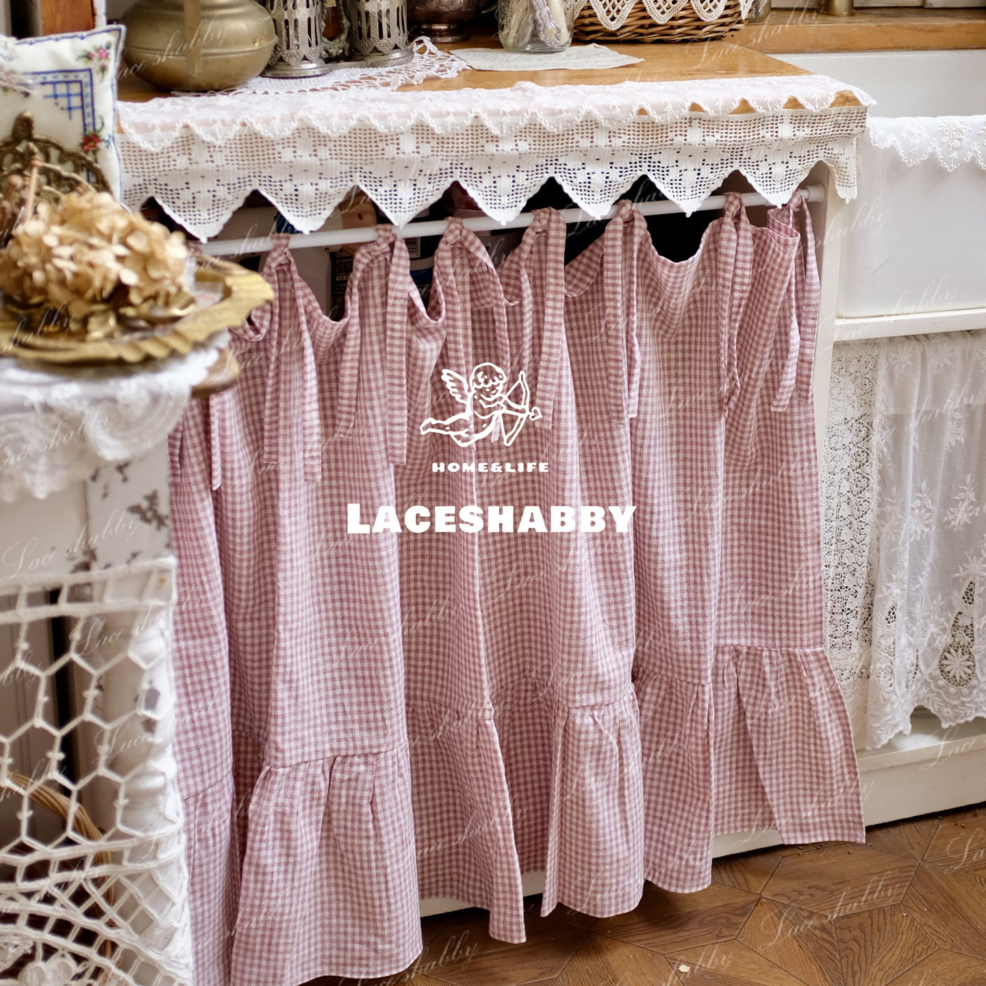 太浪漫了！LACESHABBY法式复古红色棉麻格子系带半帘免打孔窗帘